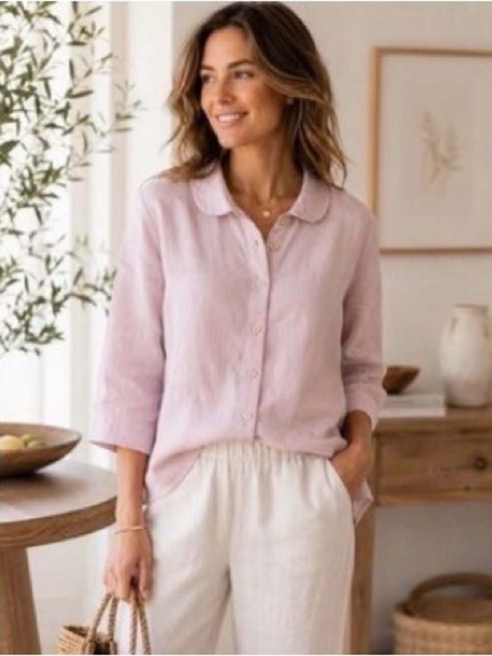 notPERFECTLINEN Dusty Rose Linen Button-Up Blouse Small